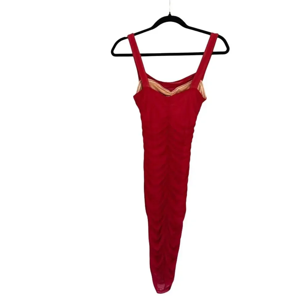 Majorelle Red Off Shoulder Ruched Bodycon Midi Dress S
